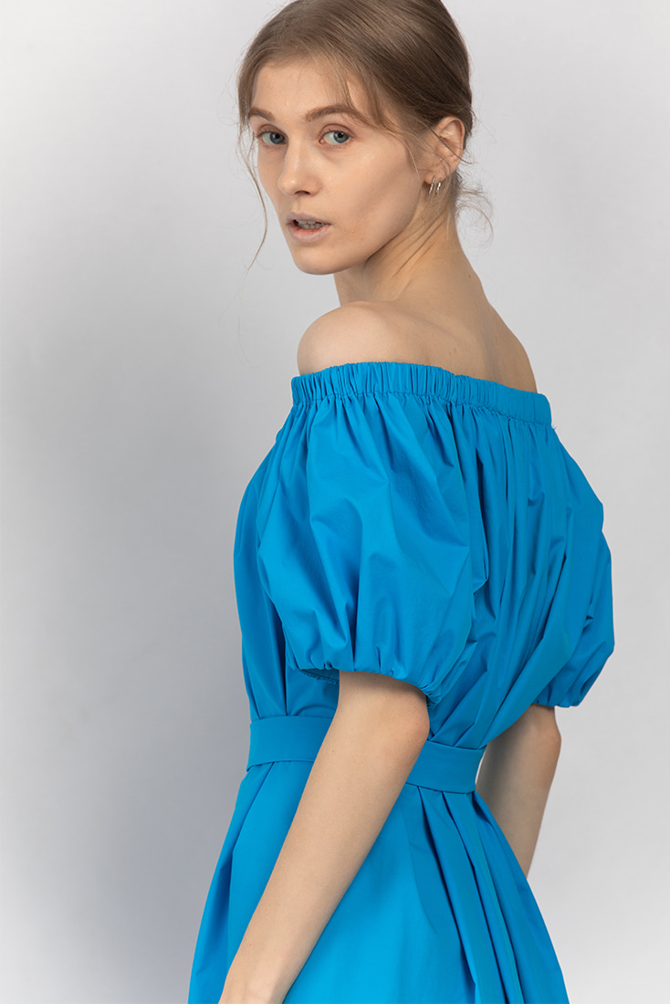 Simple Gathered Neck Dress - Blue