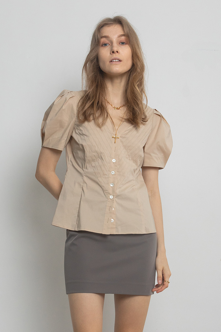 Cotton Pleats Puffy Sleeves Blouse - Beige